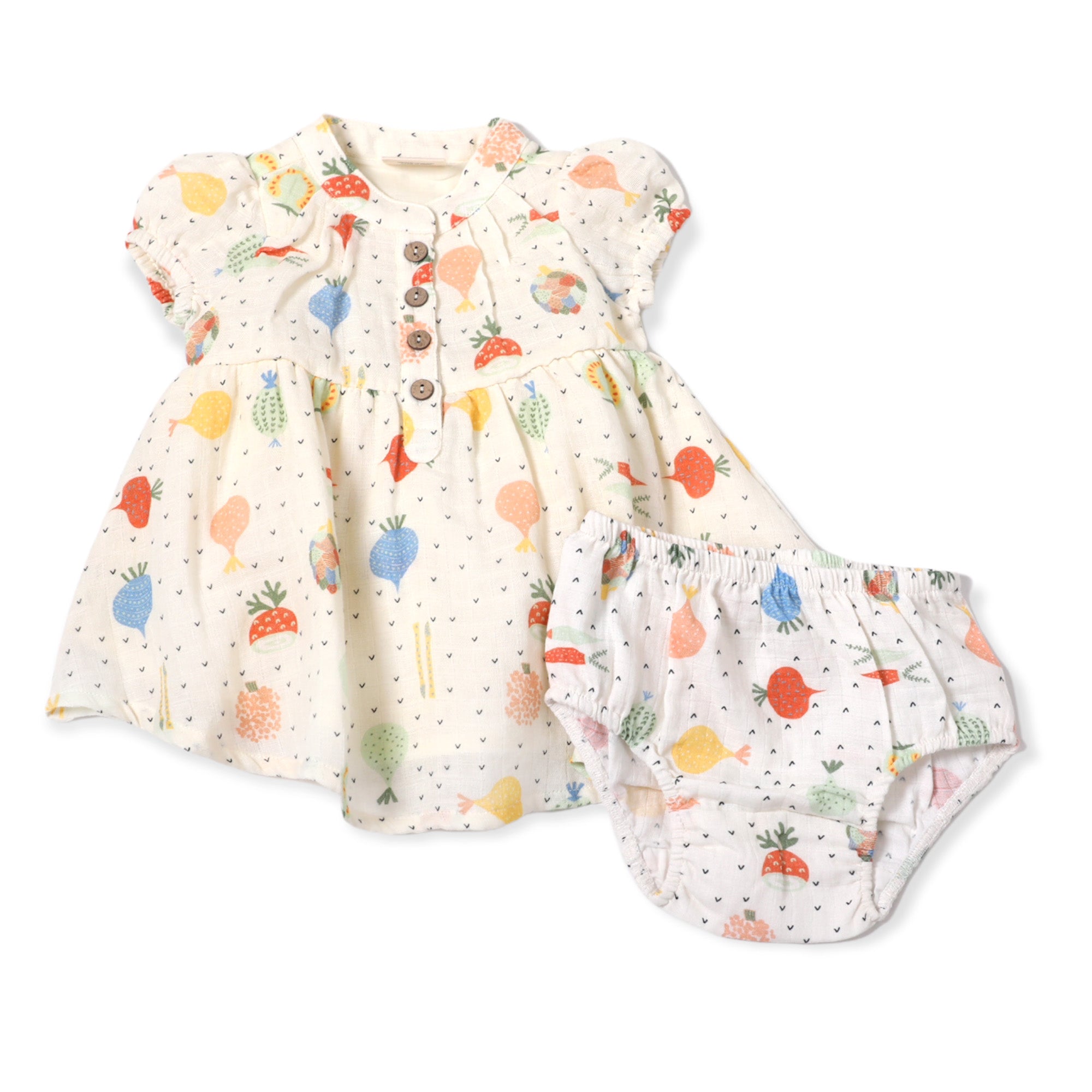 Veggie Puff Sleeve Dress + Bloomer (Organic Muslin) - Viverano