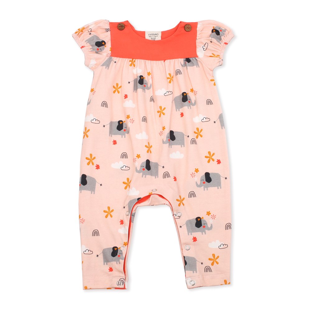 Organic Cotton Elephant Short Sleeve Baby Girl Romper - Viverano