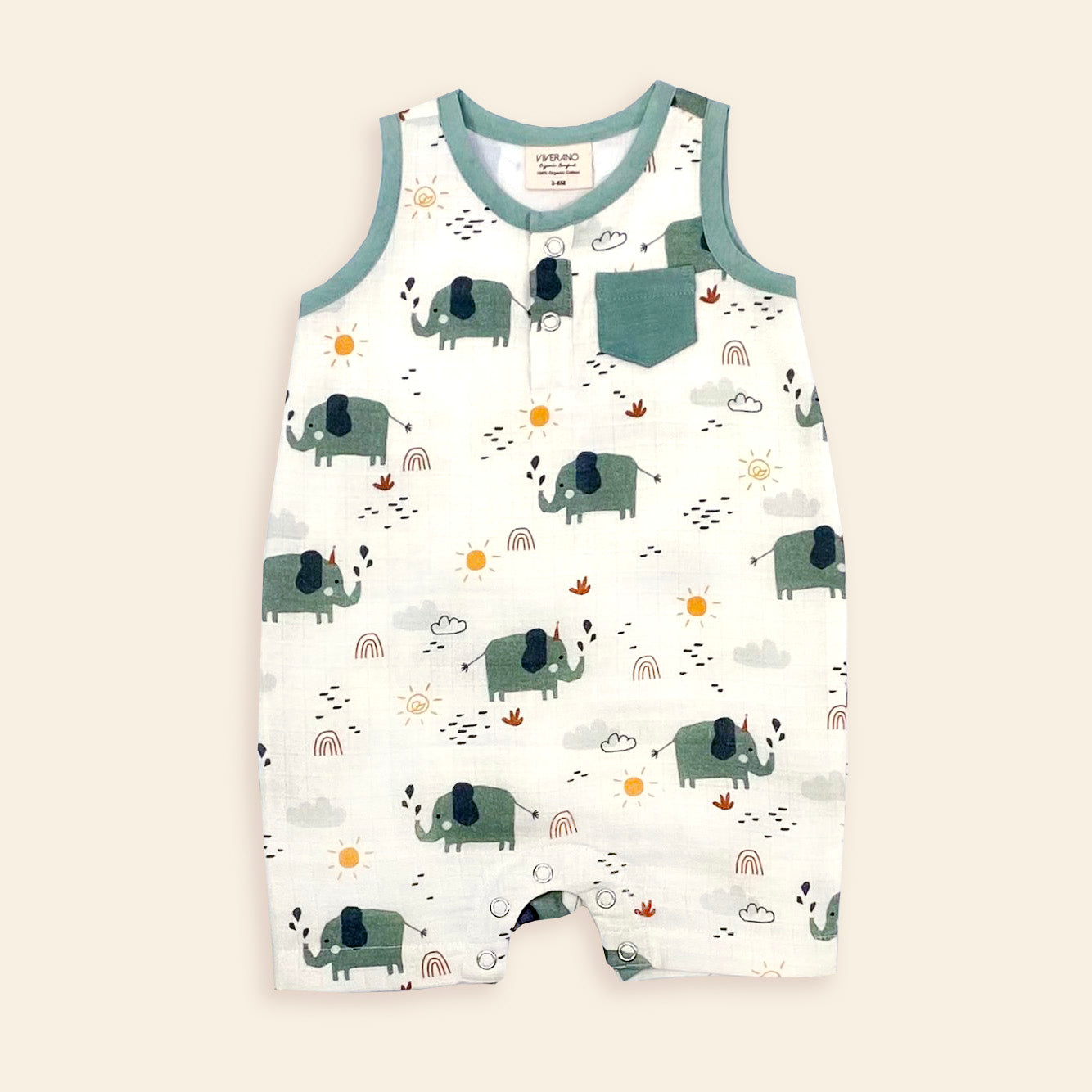 Organic Muslin Elephant Sleeveless Short Baby Romper - Viverano