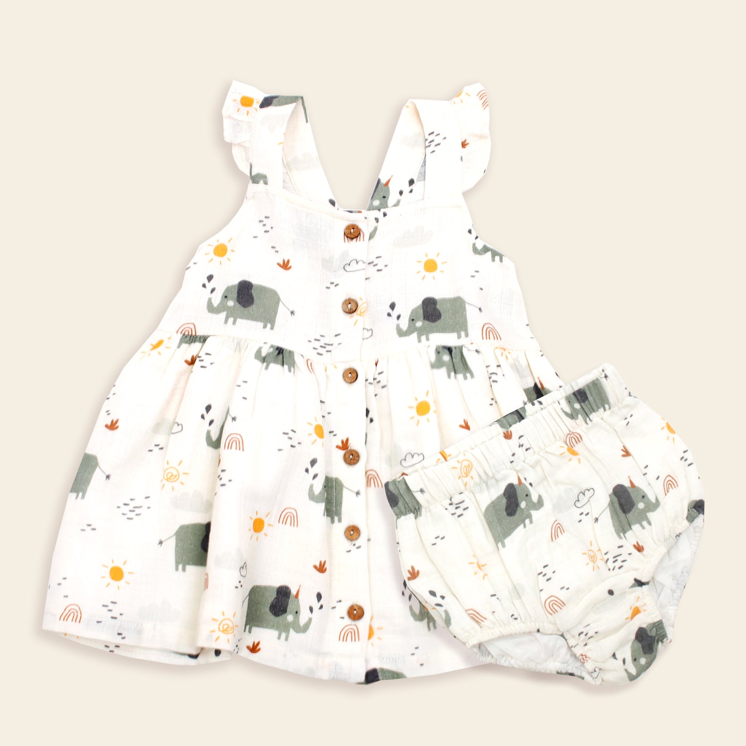 Organic Cotton Elephant Button Front Dress for Baby Girls by Viverano