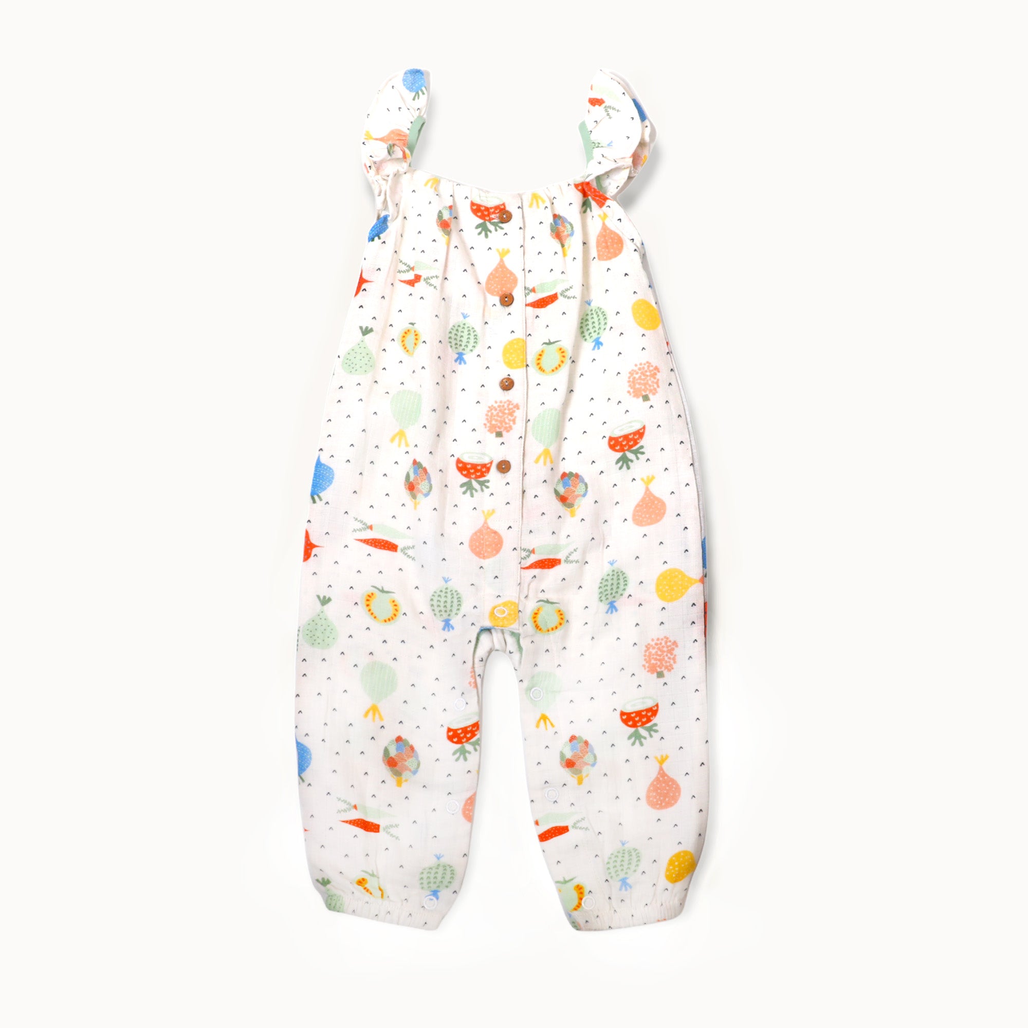 Veggie Ruffle & Button Jumpsuit Baby Girl Romper (Organic Muslin) - Viverano