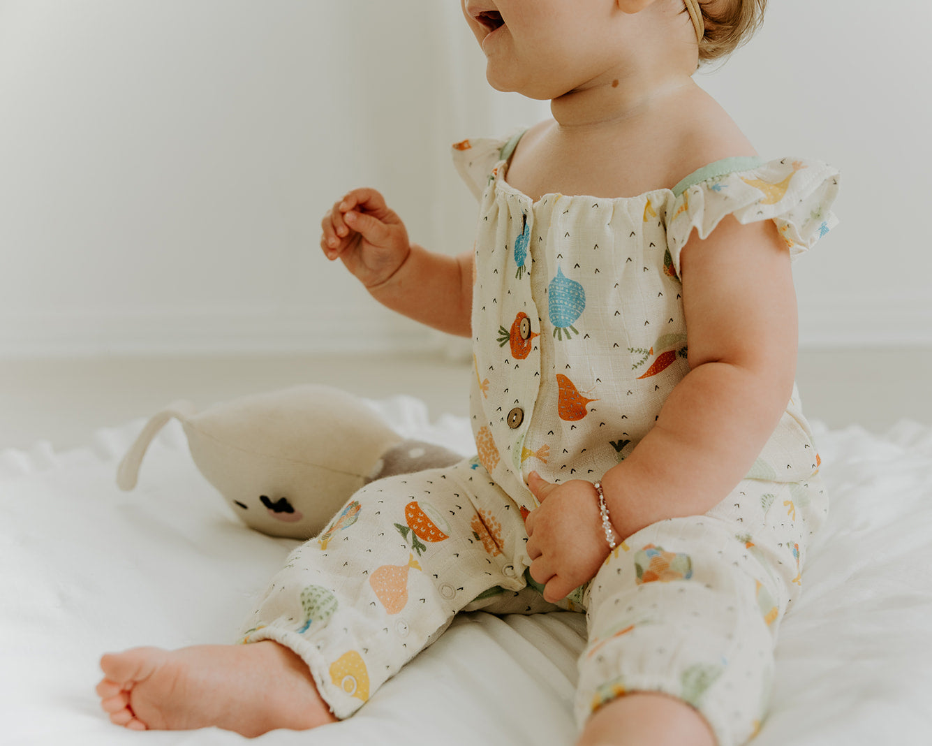 Veggie Ruffle & Button Jumpsuit Baby Girl Romper (Organic Muslin) - Viverano