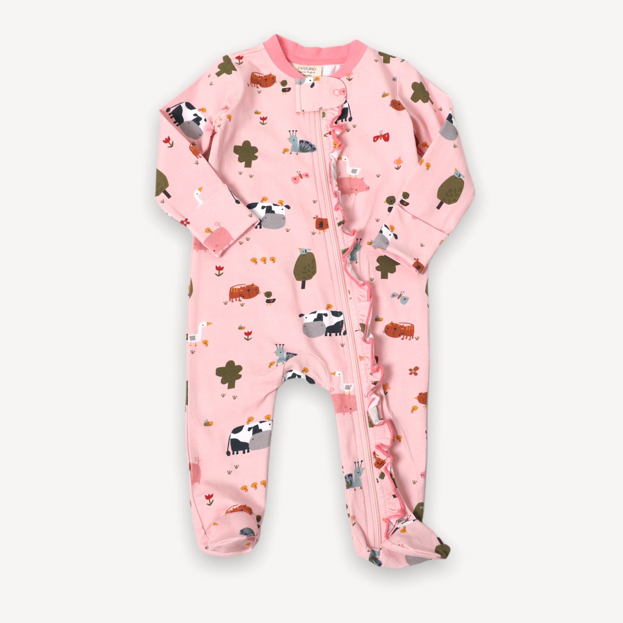 Organic Cotton Farm Ruffled Zipper Baby Footie -Viverano