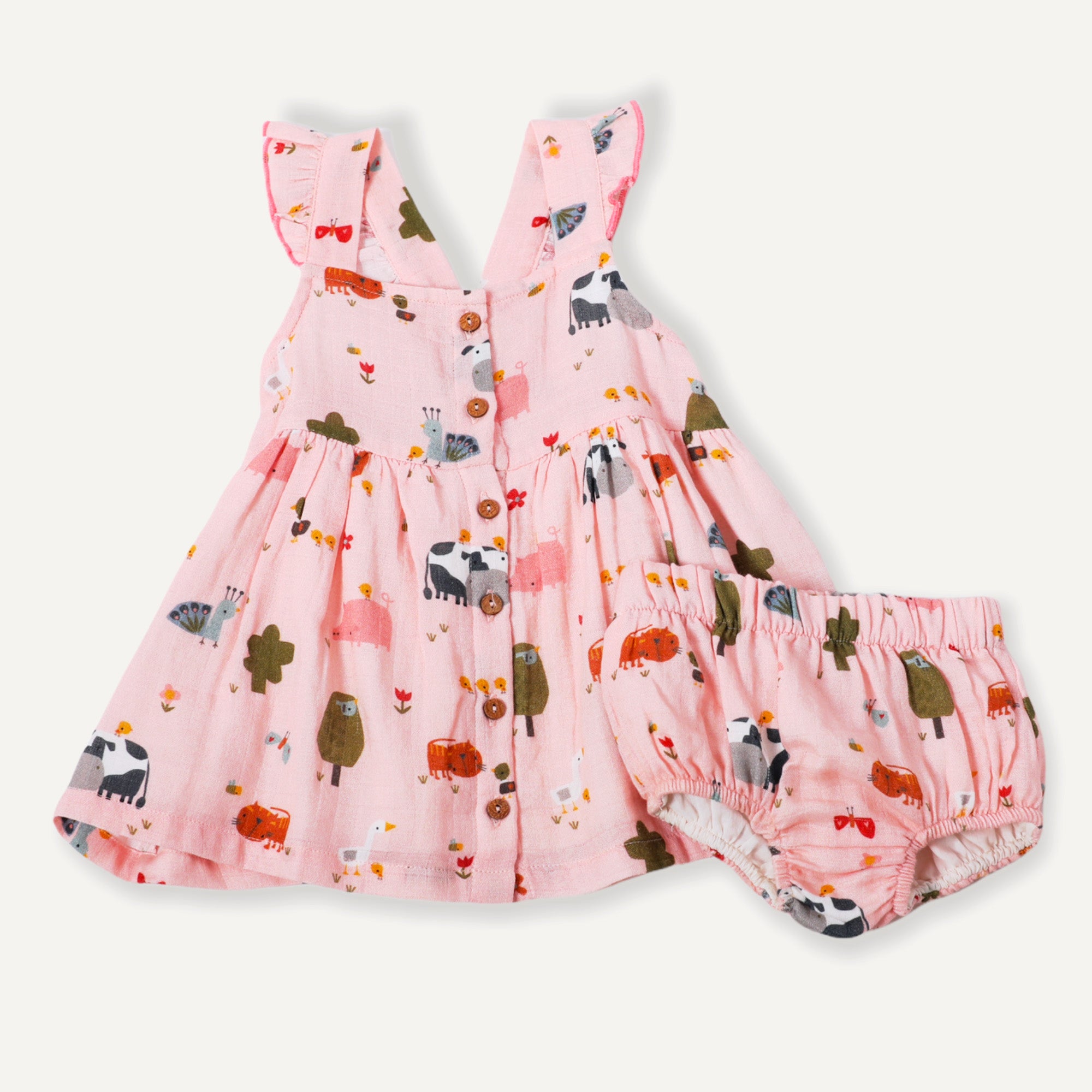 Organic Farm Ruffled Sleeveless Button Front Dress for Baby Girls