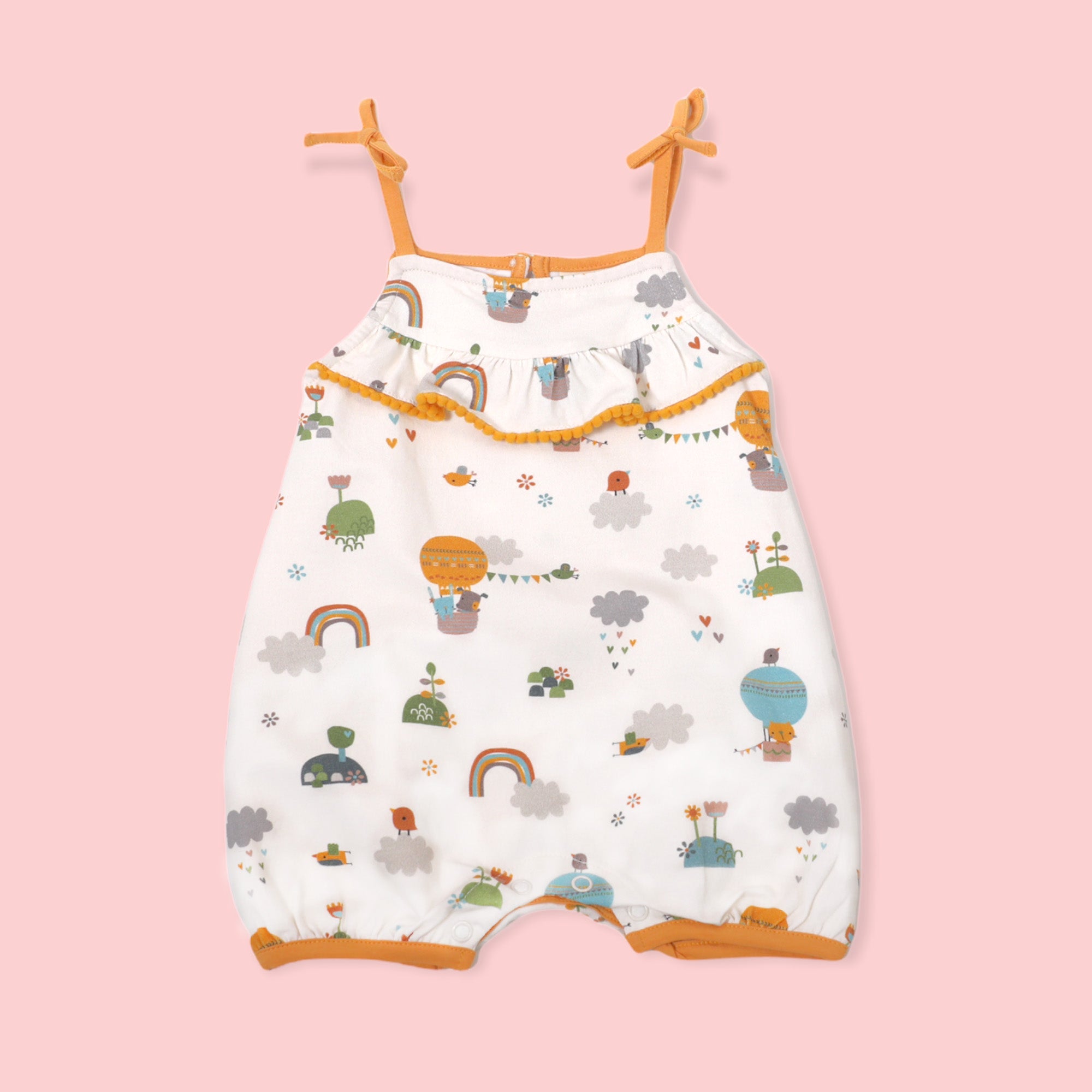 Organic Cotton Balloon Pom-Pom & Tie Short Baby Girl Romper - Vivernao