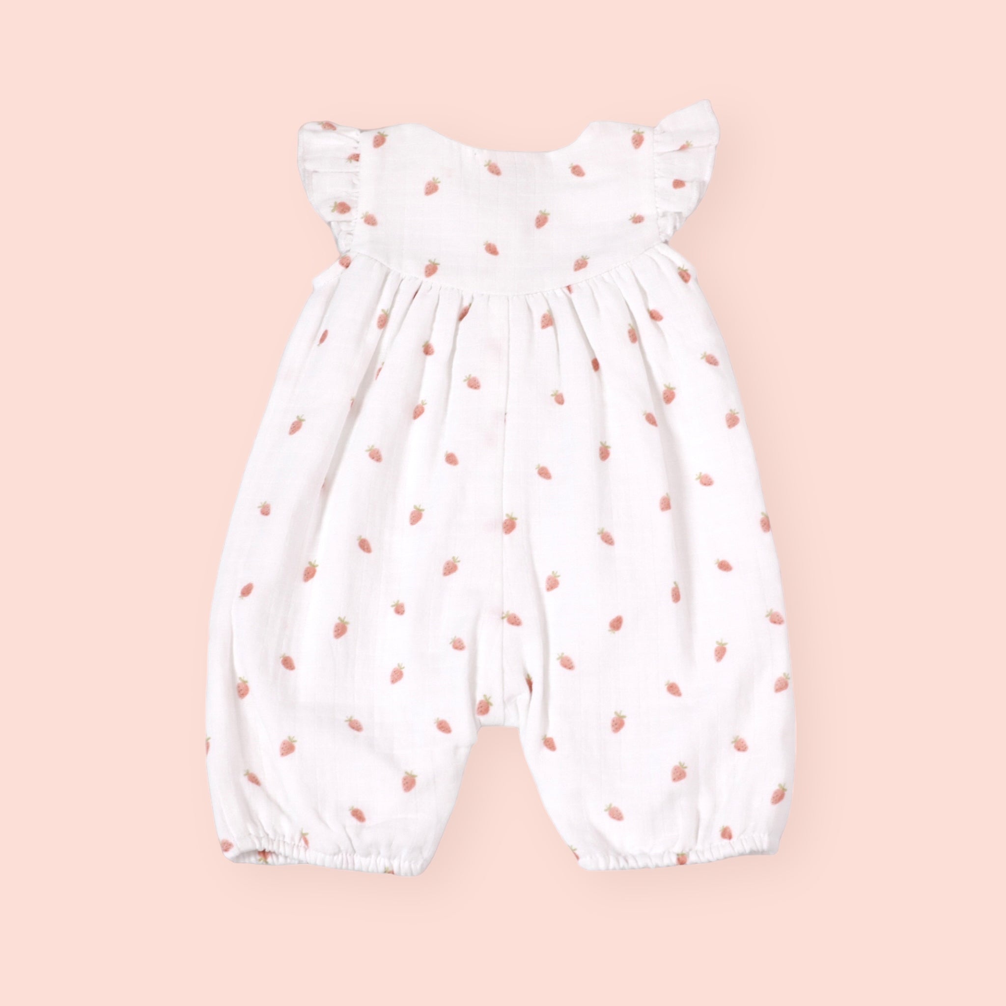 Strawberry Ruffle Button Short Baby Girl Romper (Organic Muslin)