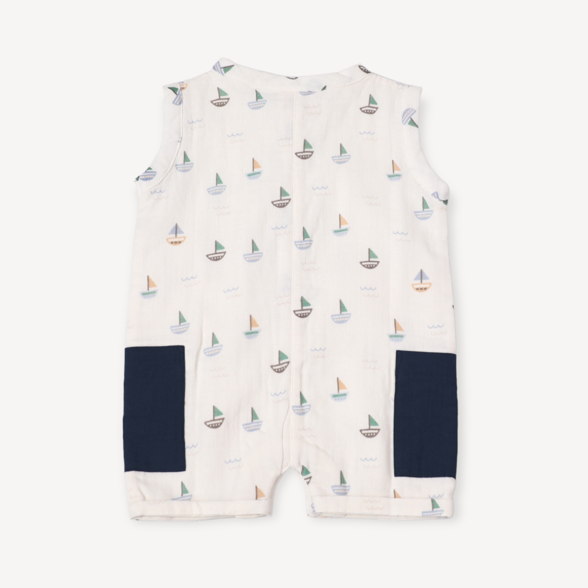 Sailboat Sleeveless Side Pocket Baby Romper (Organic Muslin)