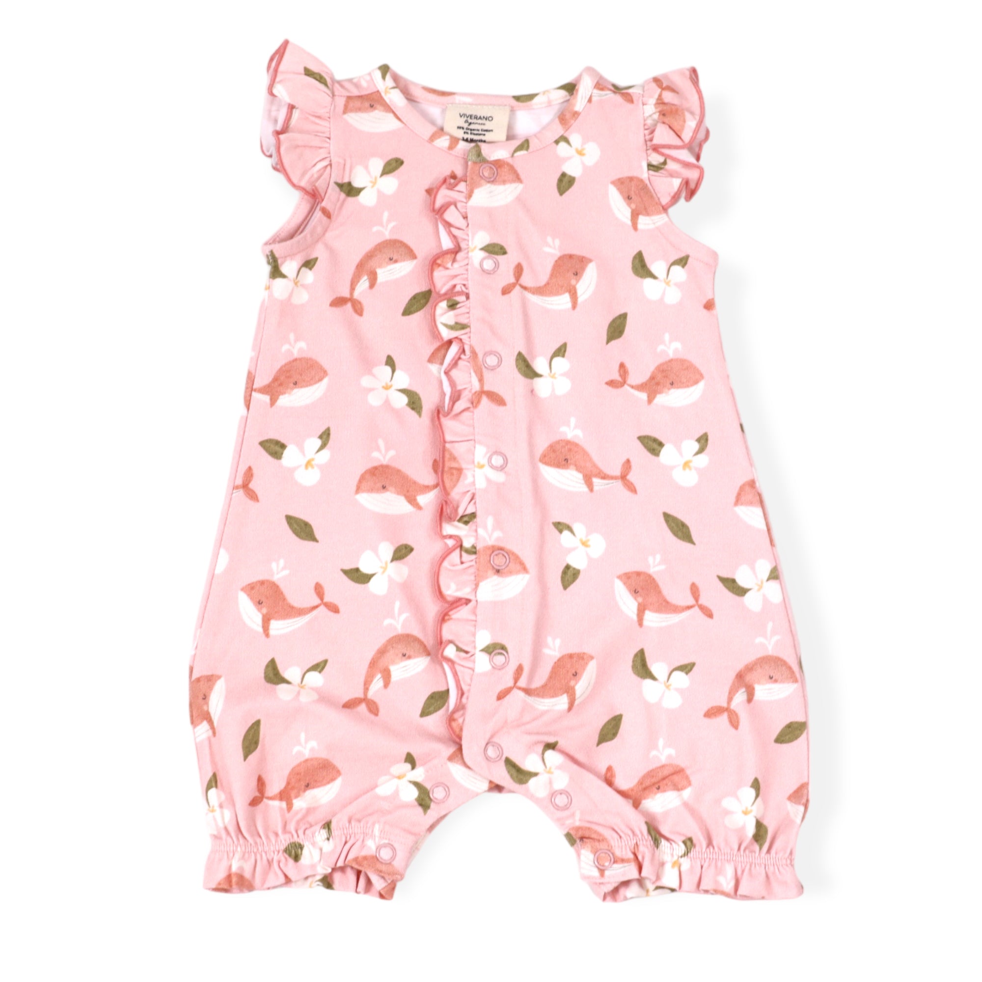 Gardenia Whales Ruffle & Button Cute Baby Girl Romper (Organic) by Viverano