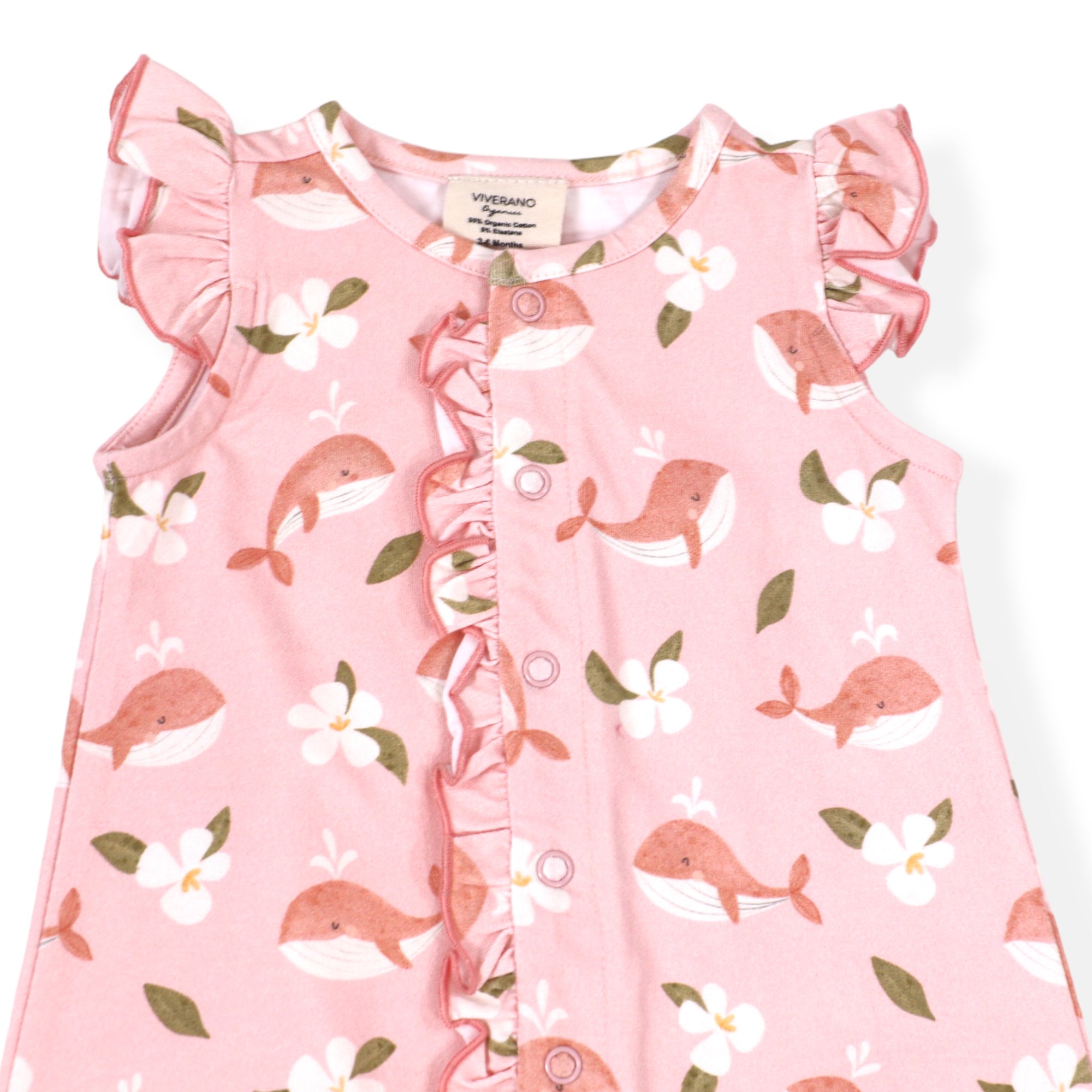 Gardenia Whales Ruffle & Button Cute Baby Girl Romper (Organic) by Viverano