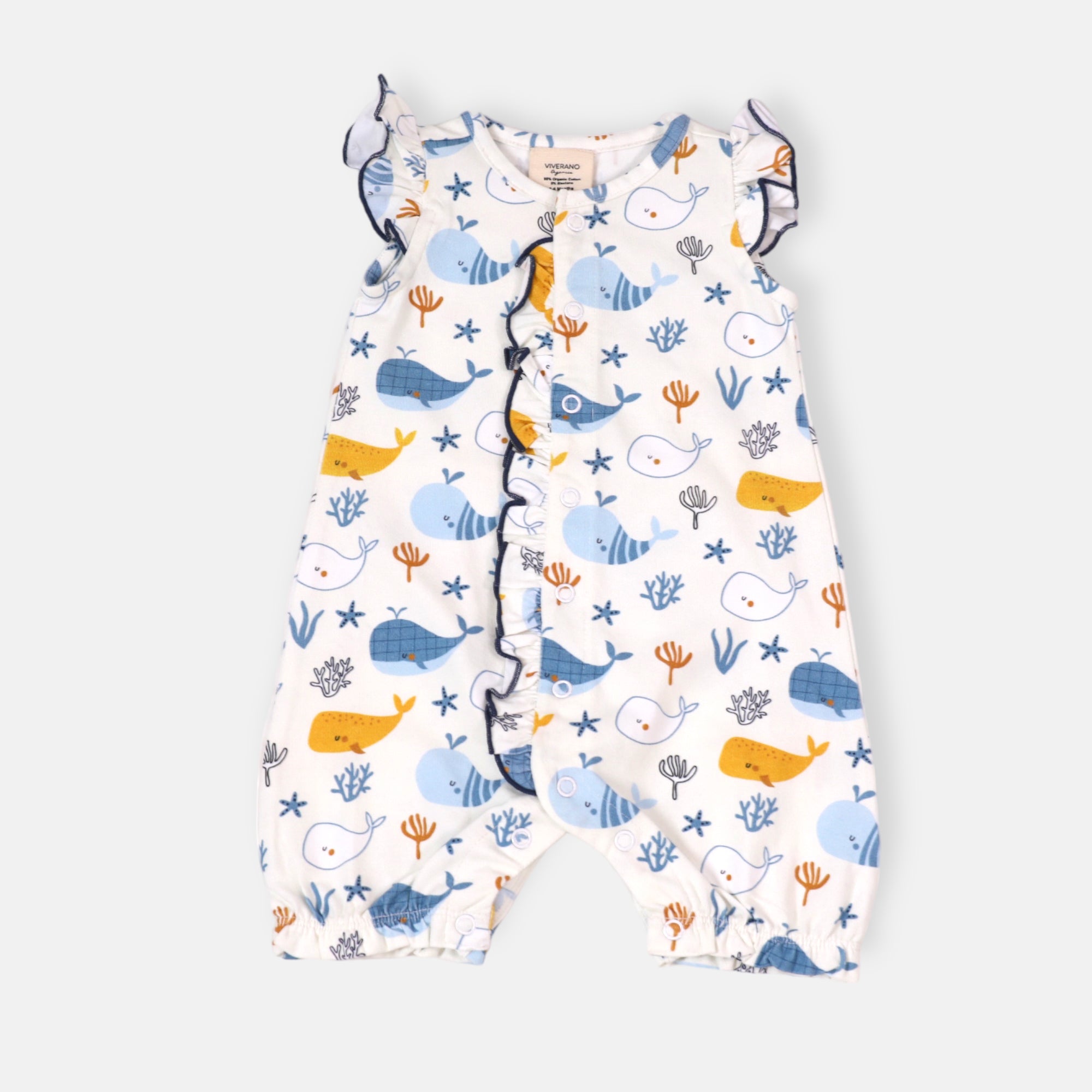 Ocean Whales Ruffle & Button Baby Romper (Organic Jersey) by Viverano