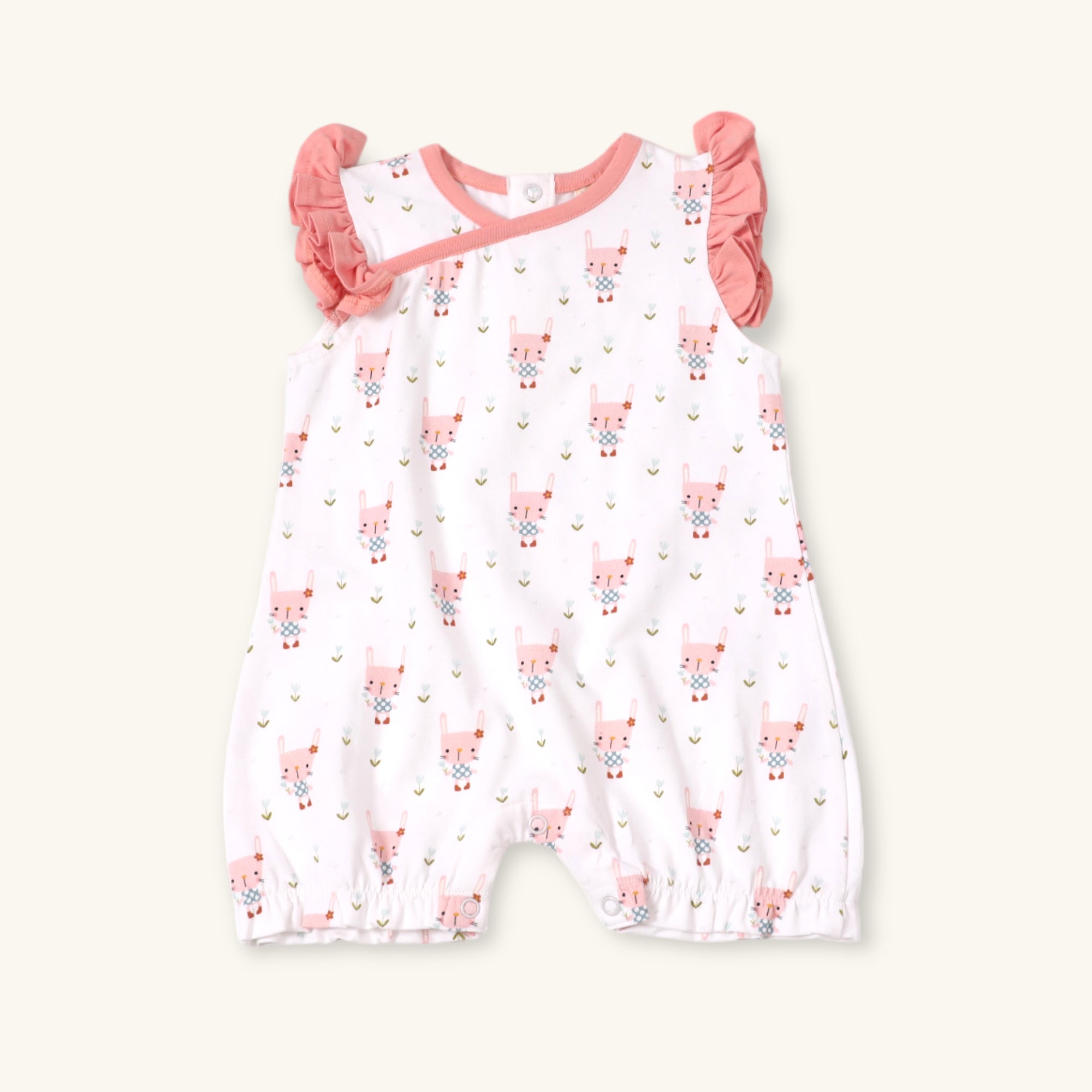 Bunny Ruffle Kimono Short Baby Romper (Organic Jersey) by Viverano