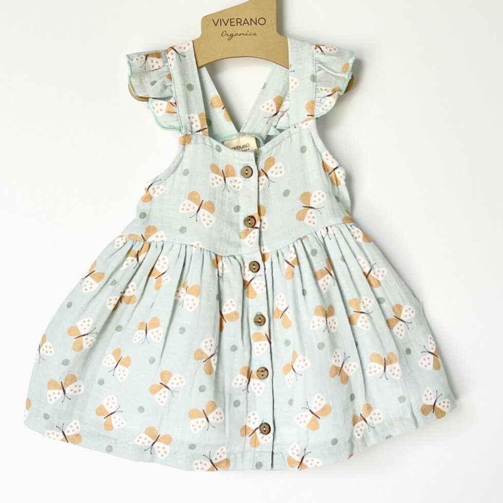 Butterfly Ruffle Button Baby Dress+Bloomer (Organic Muslin)