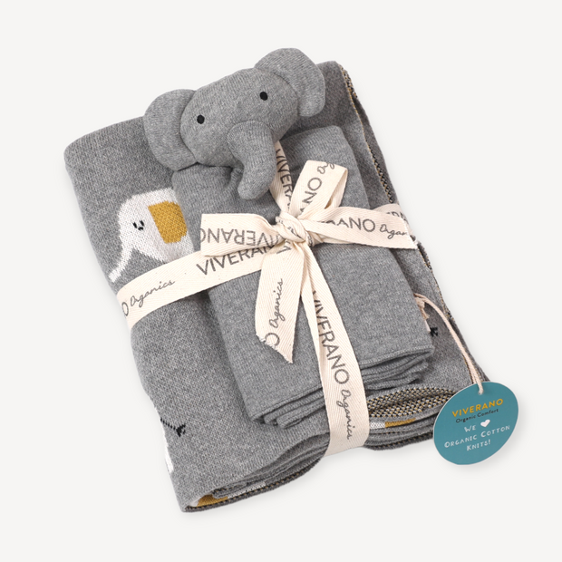 Elephant Jacquard Knit Baby Blanket & Lovey SET (Organic) by Viverano