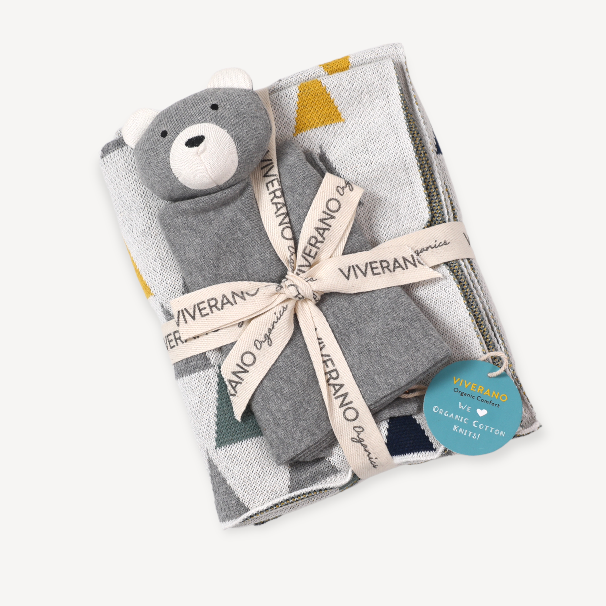 Triangles Jacquard Knit Baby Blanket & Bear Lovey Gift SET (Organic) by Viverano