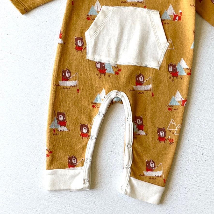 Camping Bear & Fox Kangaroo Jacquard Baby Jumpsuit (Organic) by Viverano