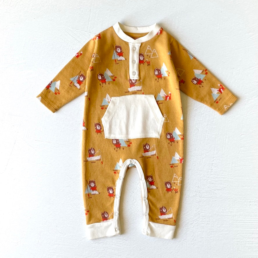 Camping Bear & Fox Kangaroo Jacquard Baby Jumpsuit (Organic) by Viverano