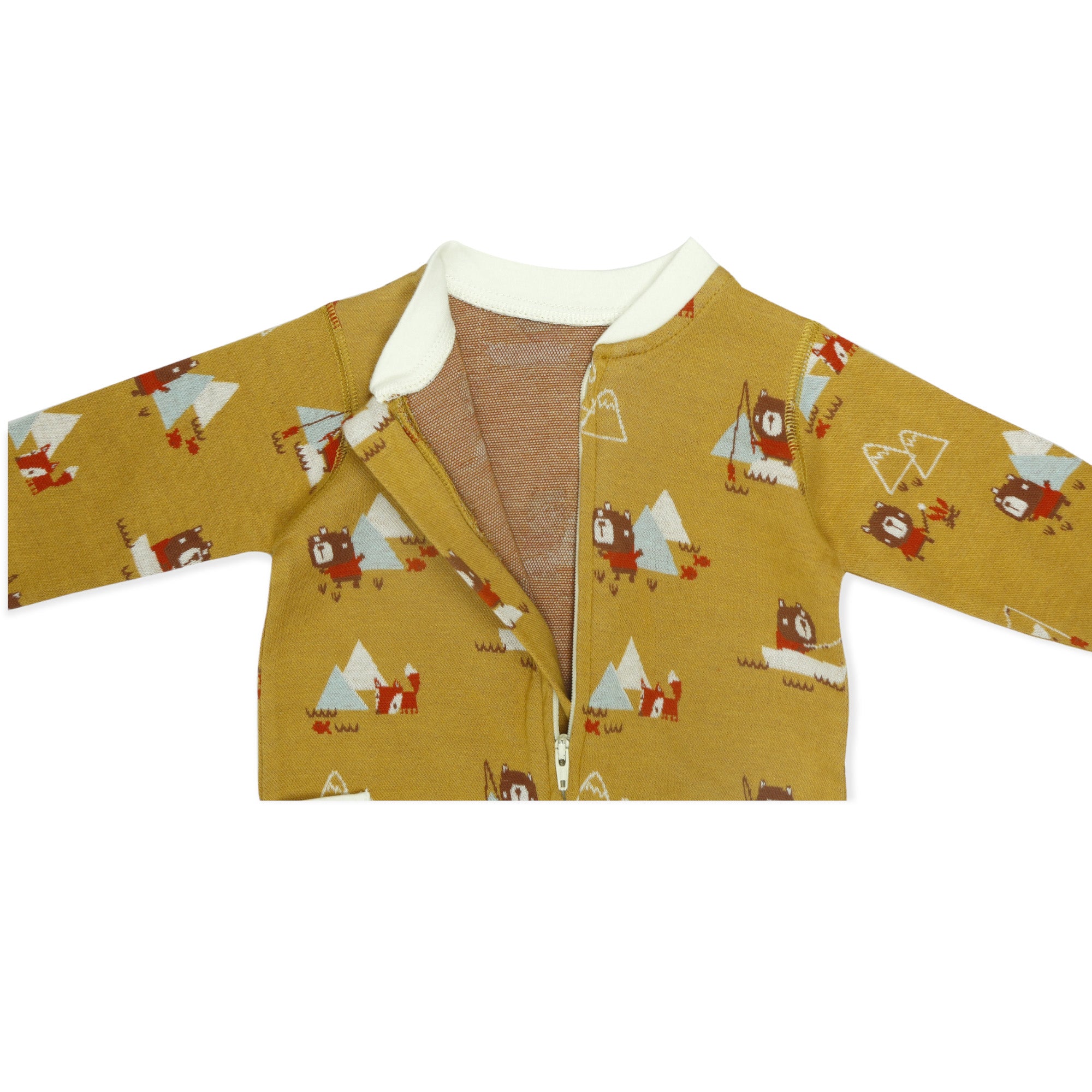 Camping Bear & Fox Zipper Side Pocket Jacquard Baby Jumpsuit (Organic Cotton)