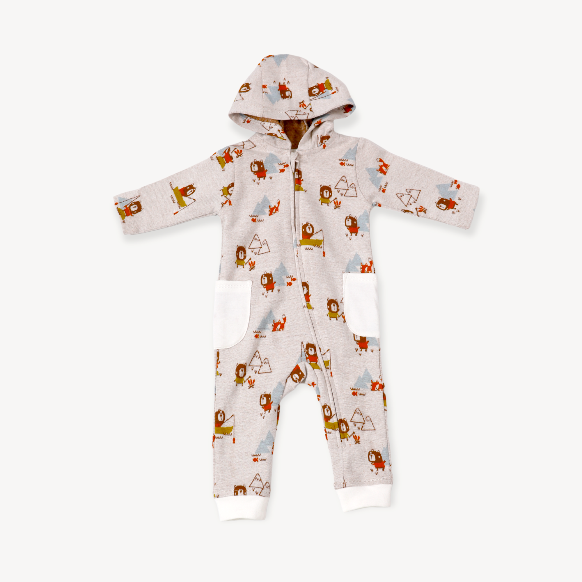 Camping Bear & Fox Jacquard Zipper Hoodie Baby Romper (Organic Cotton)