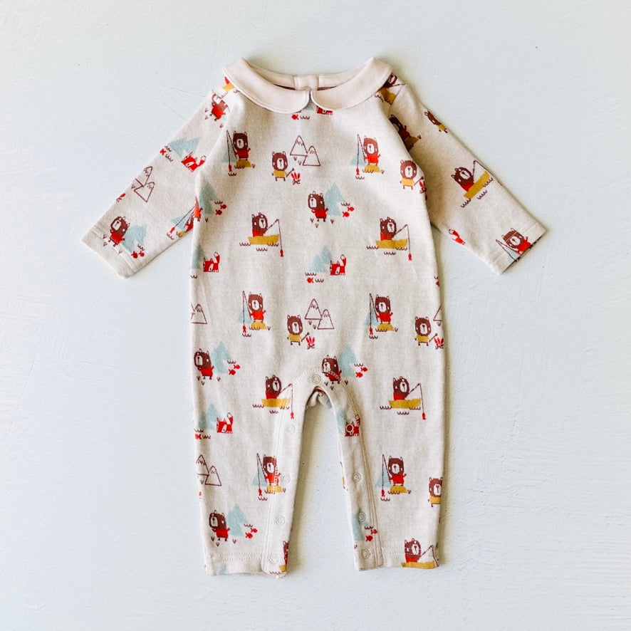 Camping Bear & Fox Peter Pan Collar Jacquard Knit Baby Jumpsuit (Organic Cotton)