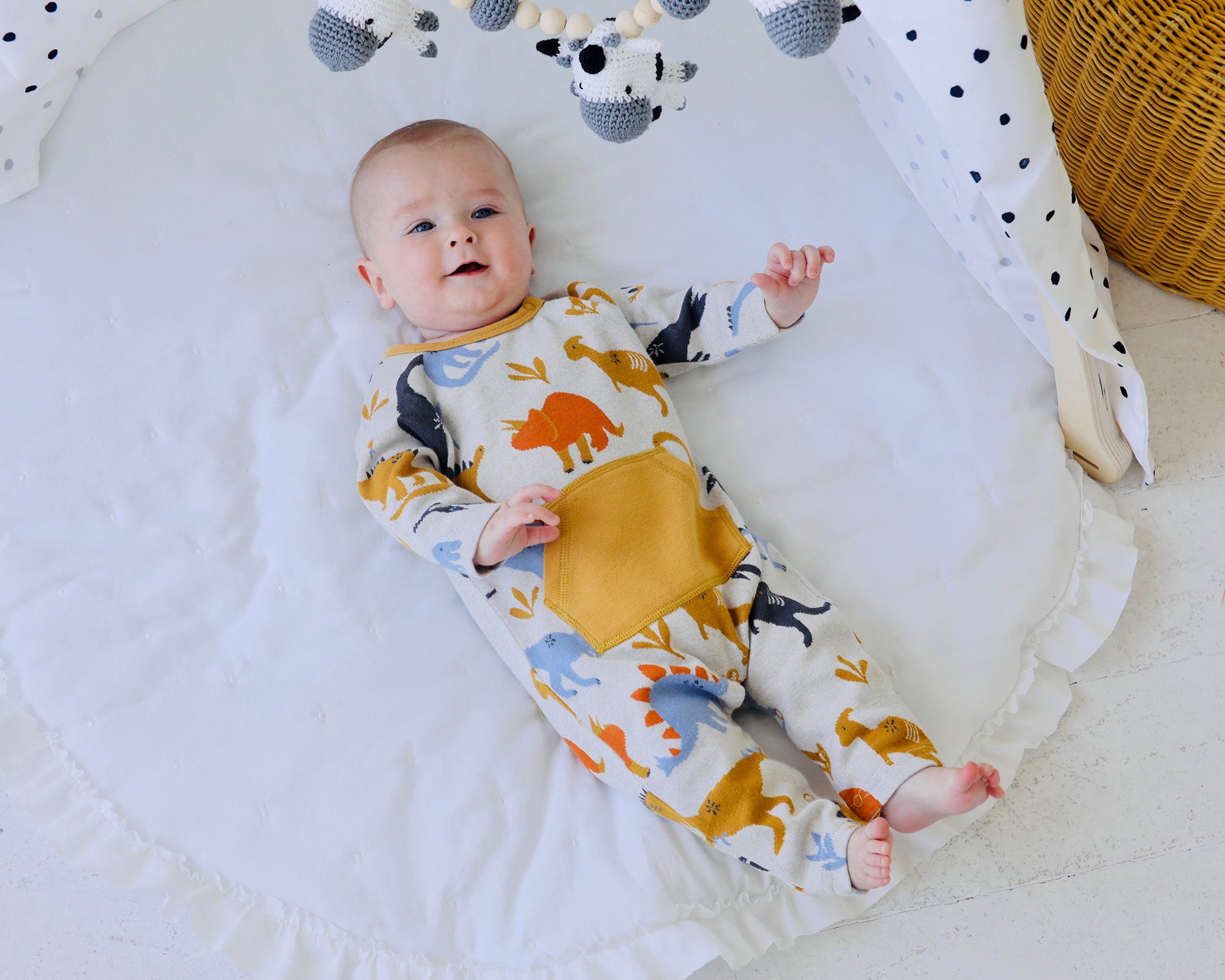 Dino Kangaroo Pocket Jacquard Baby Jumpsuit (Organic Cotton)