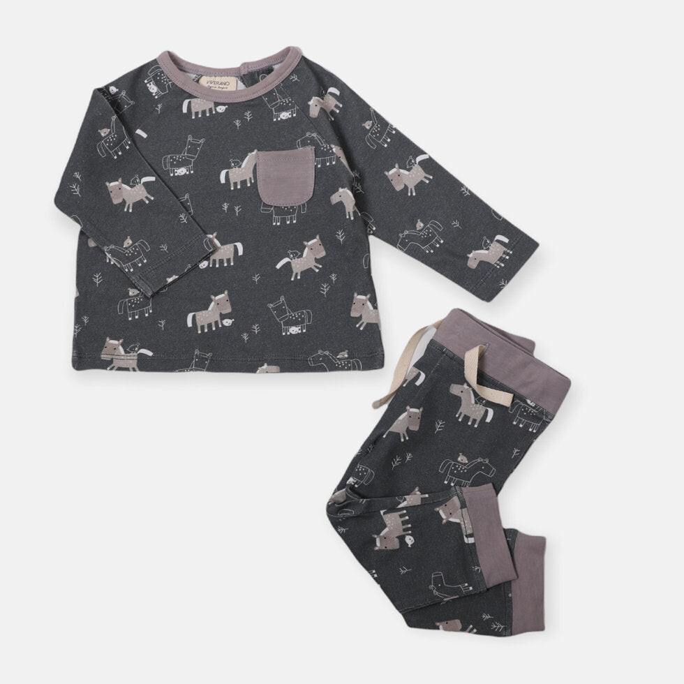 Horse & Bird Long Sleeve Pocket Tee & Jogger Playsuit SET (Organic Cotton)