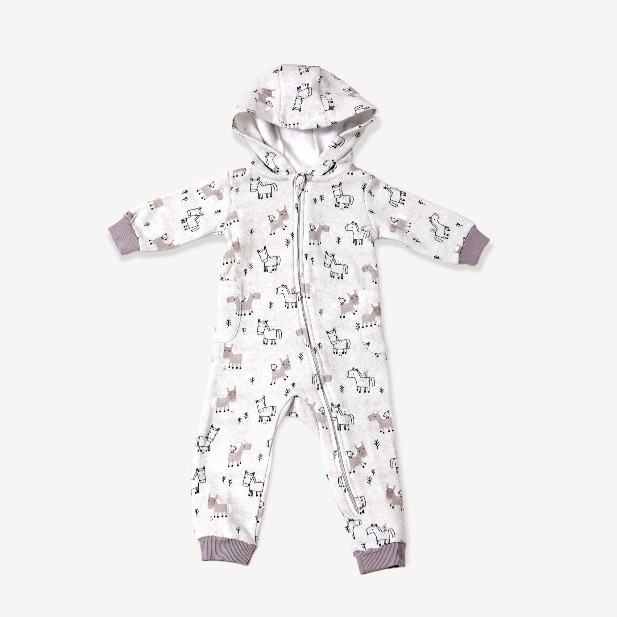 Horse & Bird Fleece Hooded Zipper Baby Jumpsuit (Organic Cotton)