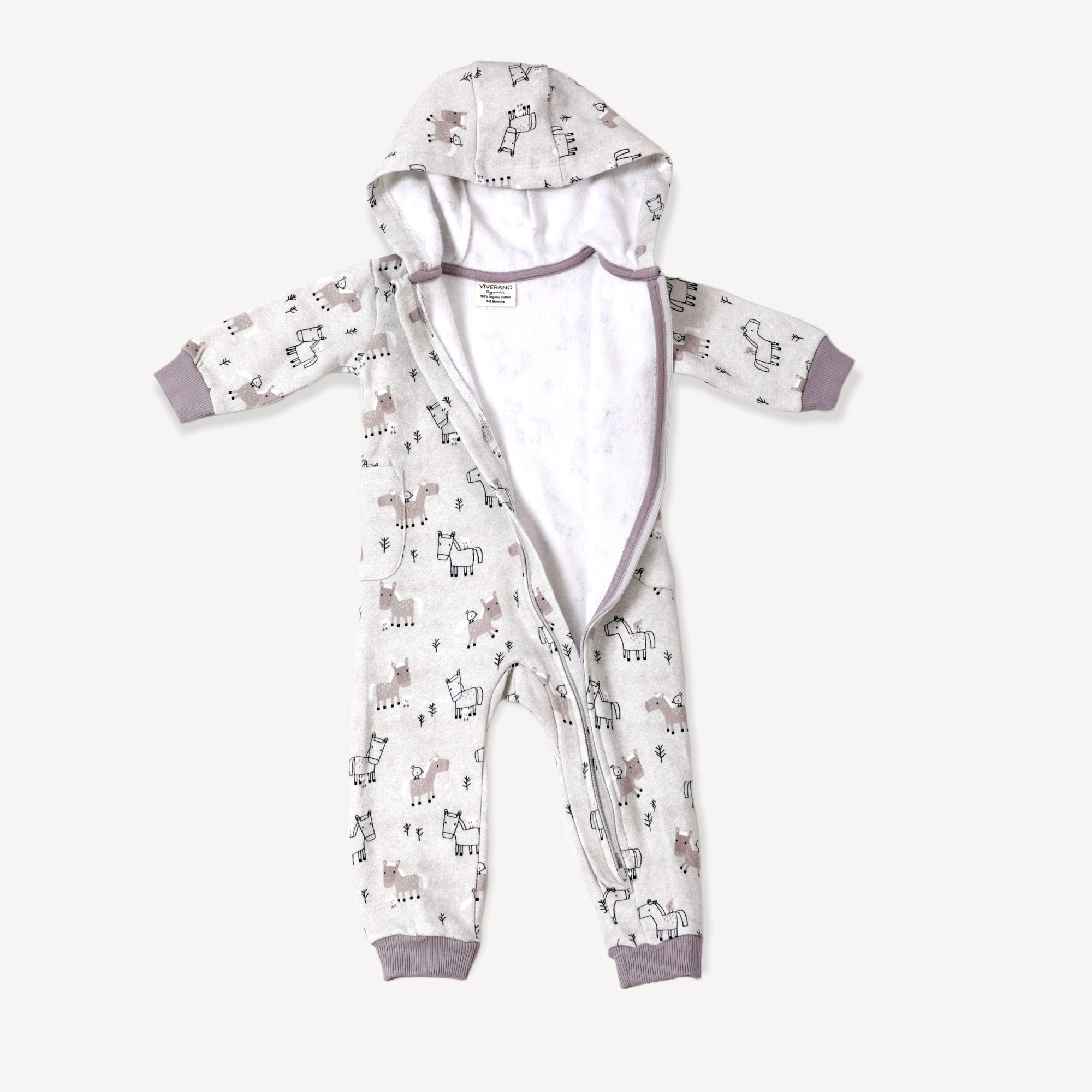 Horse & Bird Fleece Hooded Zipper Baby Jumpsuit (Organic Cotton)