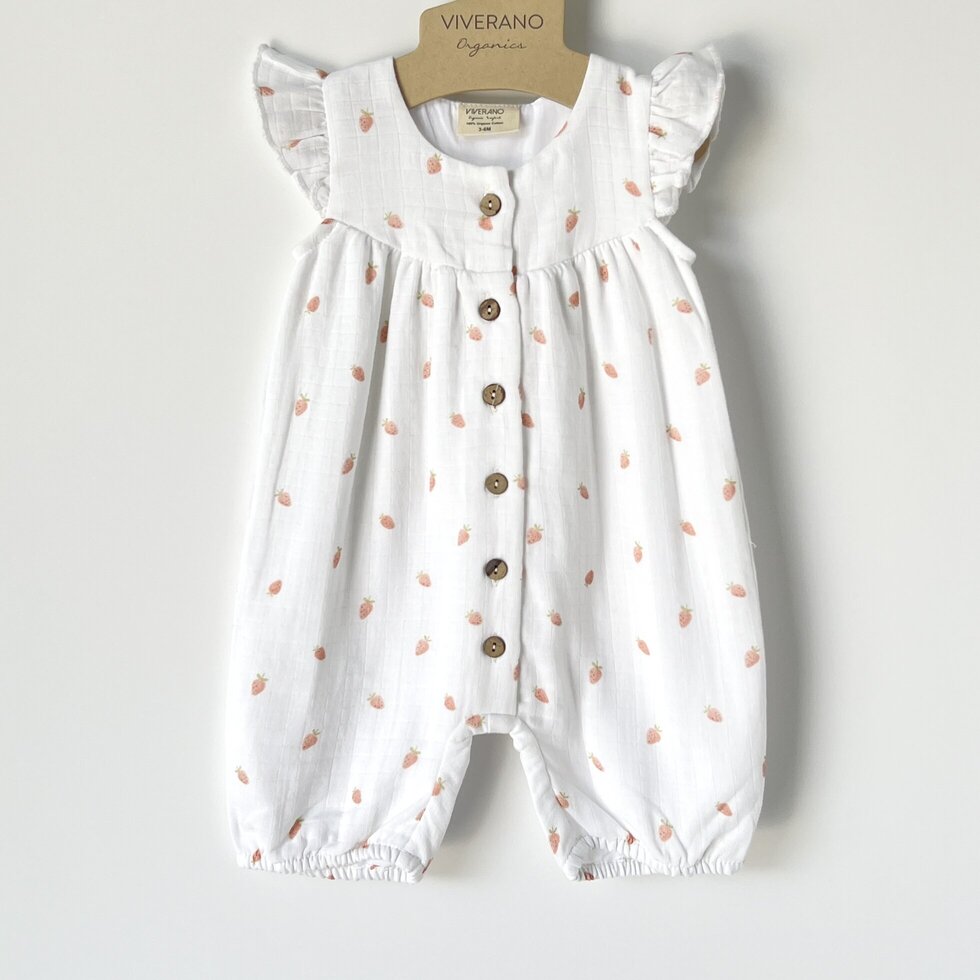 Strawberry Ruffle Button Short Baby Girl Romper (Organic Muslin)