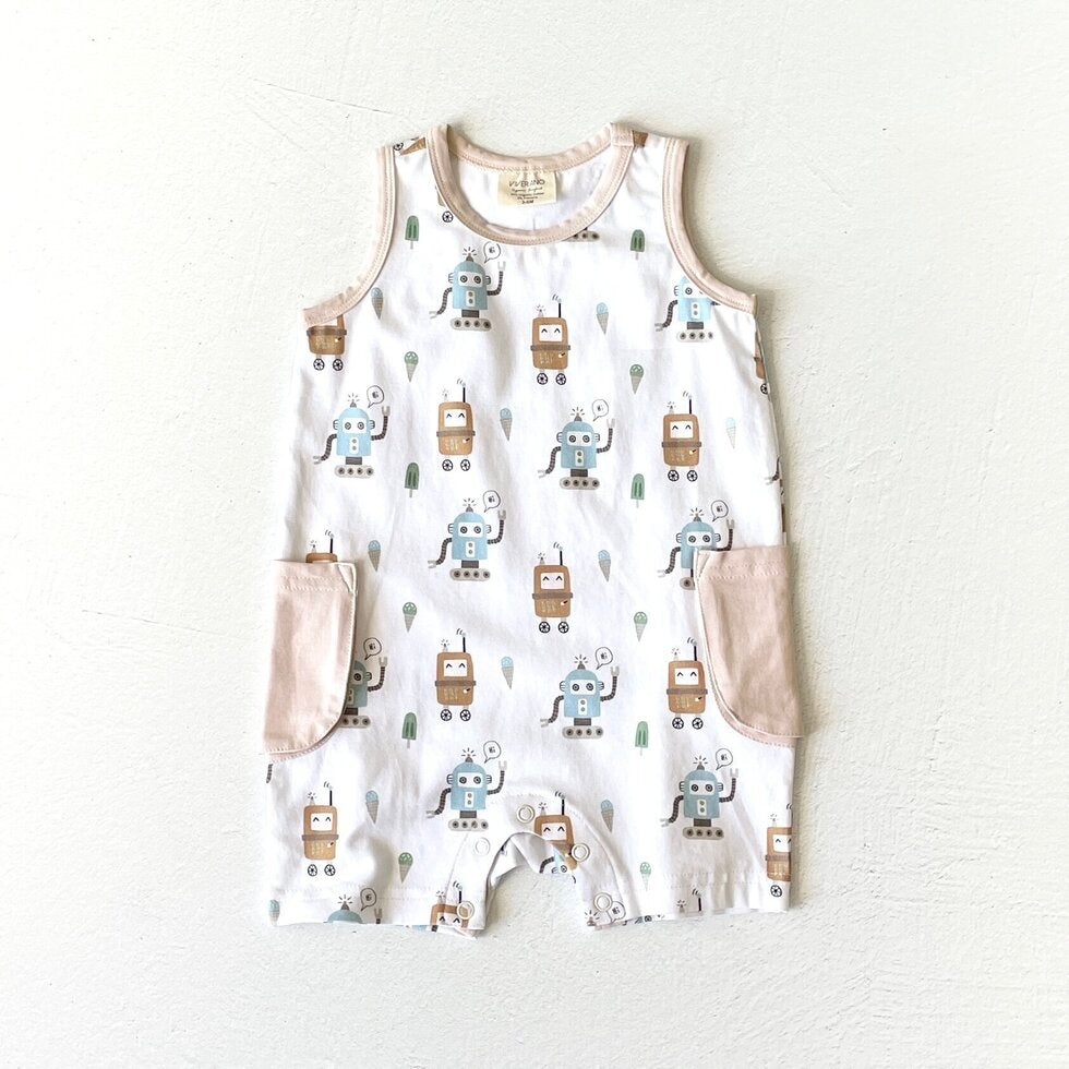 Robots Sleeveless Shortie Pocket Romper (Organic Jersey)