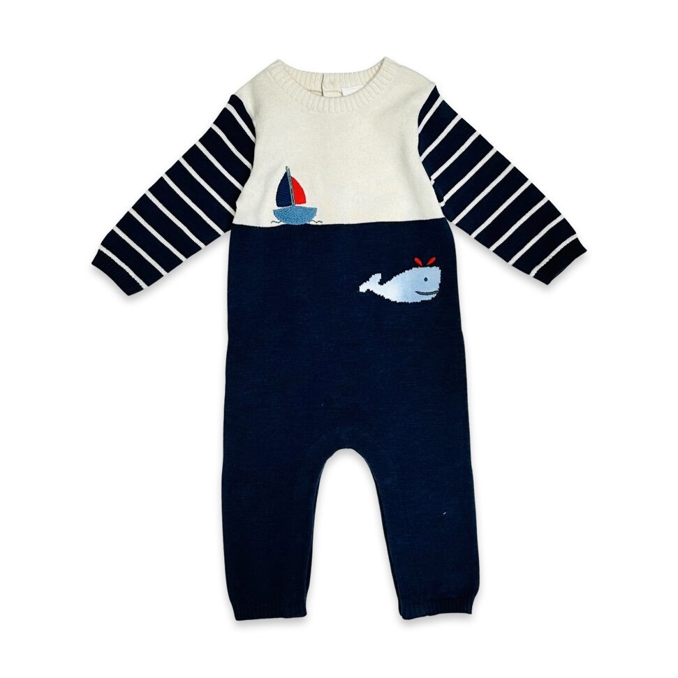 Boat & Whale Jacquard Knit Baby Jumpsuit (Organic Cotton)